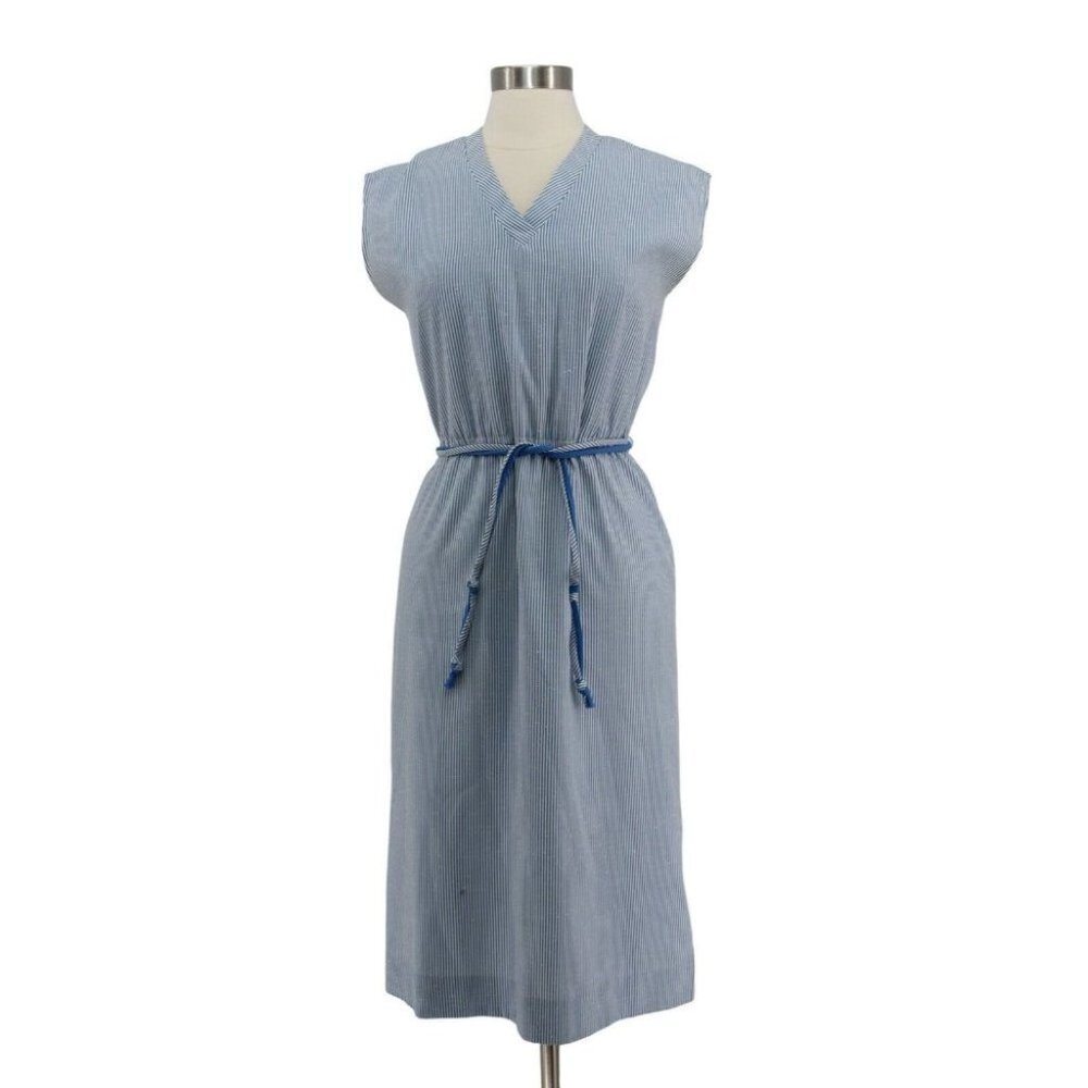Vintage 70s Connections Blue Striped Cotton Sleeveless Belted Shift Dress Size M